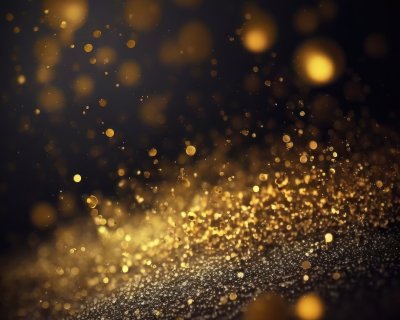 Golden glitter lights on isolated on dark background. Gold glitter dust defocused texture. Abstract sparkle particle bokeh.