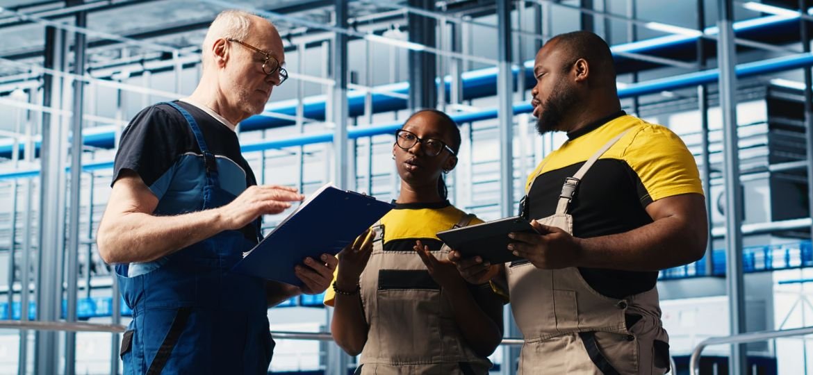 Photovoltaics smart factory team leader and workers analyzing data