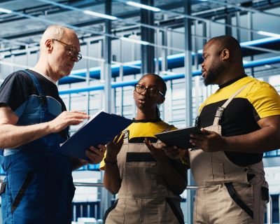 Photovoltaics smart factory team leader and workers analyzing data
