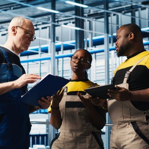 Photovoltaics smart factory team leader and workers analyzing data